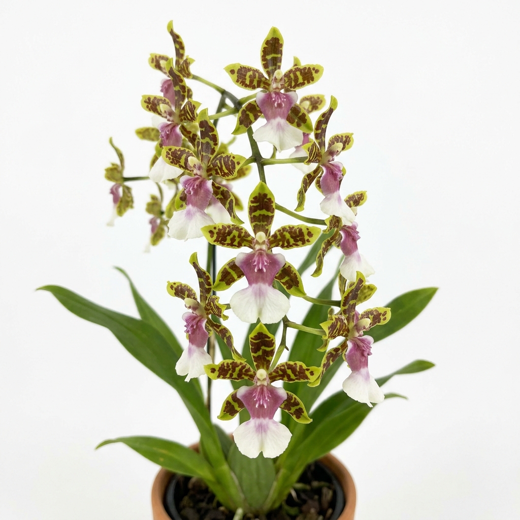 Oncidium Hastilabium orchid showing its spear-shaped lip and spotted greenish-yellow petals.