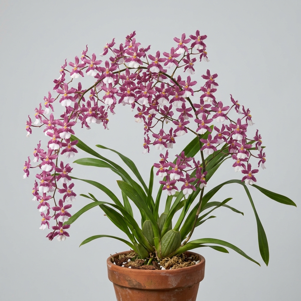 An Oncidium Incurvum orchid showing its arching flower spikes with small rose, purple, and white blossoms.