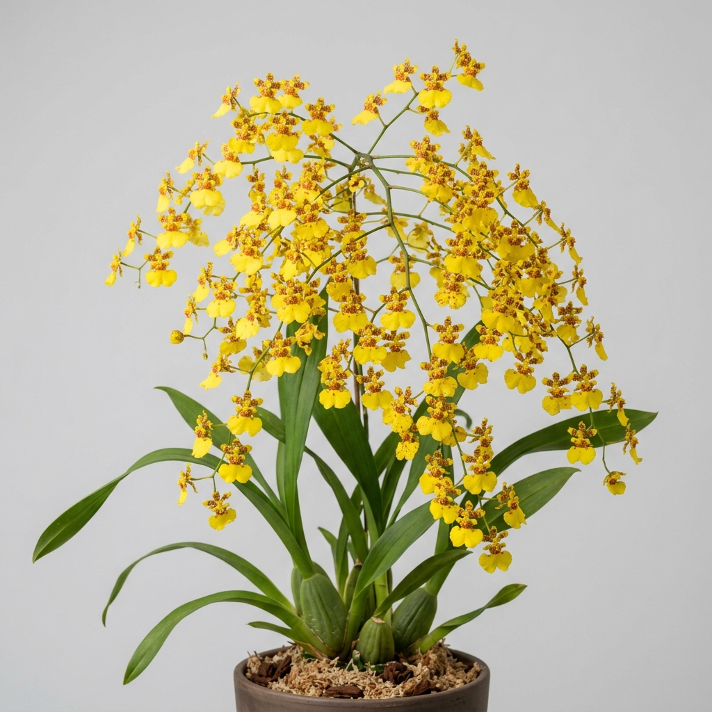 A close-up of the branching yellow flower spike of an Oncidium Obryzatum orchid.