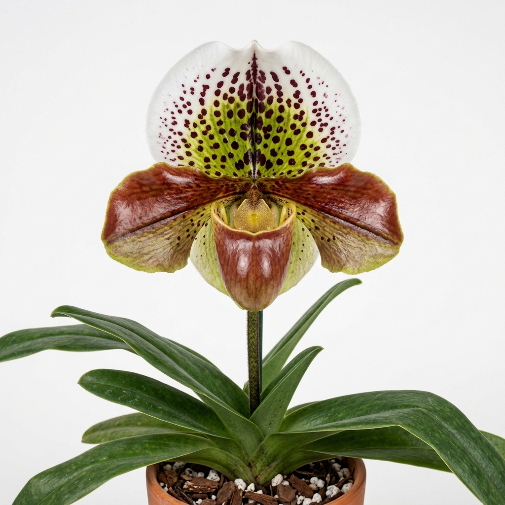A Paphiopedilum Winston Churchill orchid flower showing its rounded mahogany pouch and spotted white dorsal sepal.