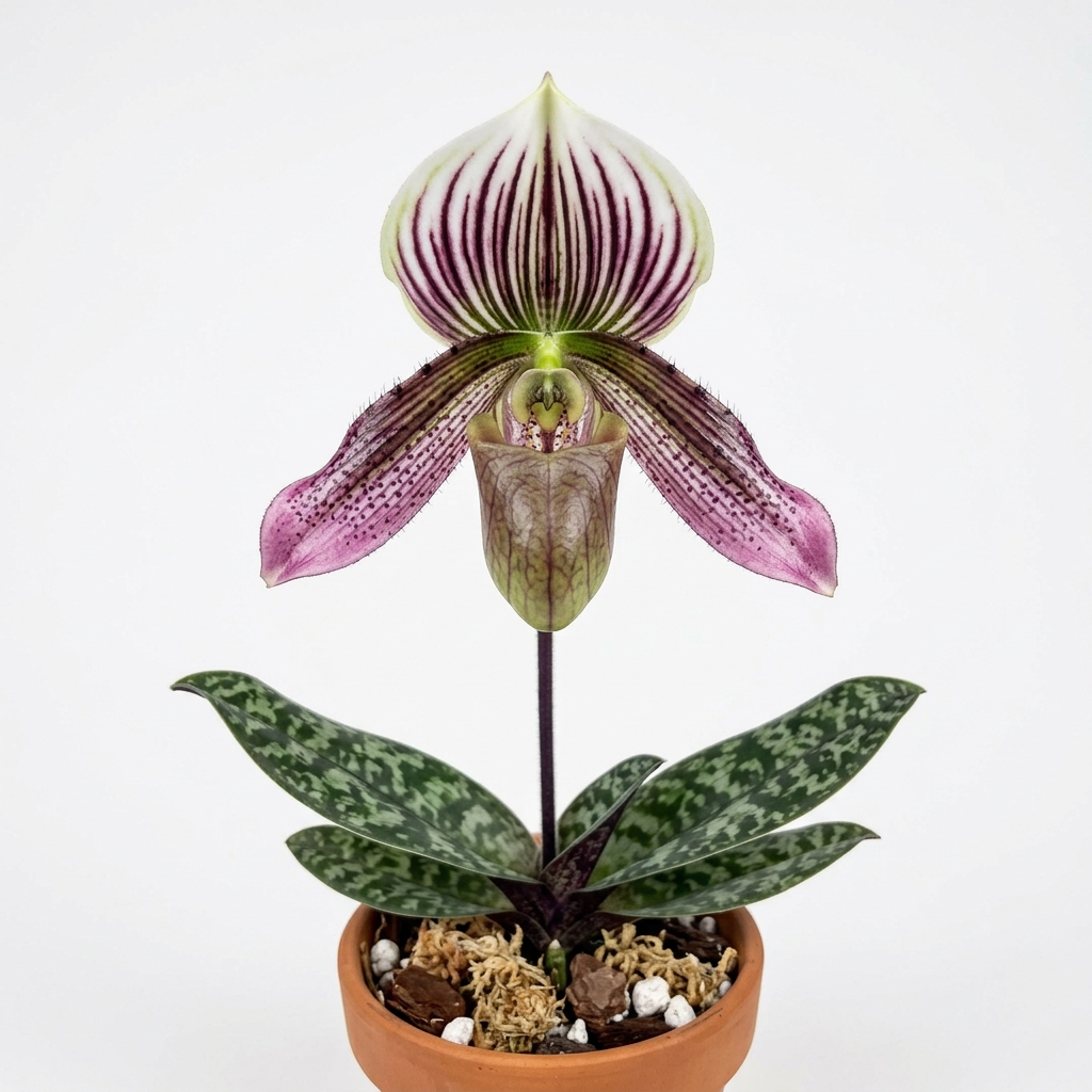 A close-up of a Paphiopedilum Acmodontum orchid flower with pink-tipped petals and green-veined dorsal sepal.