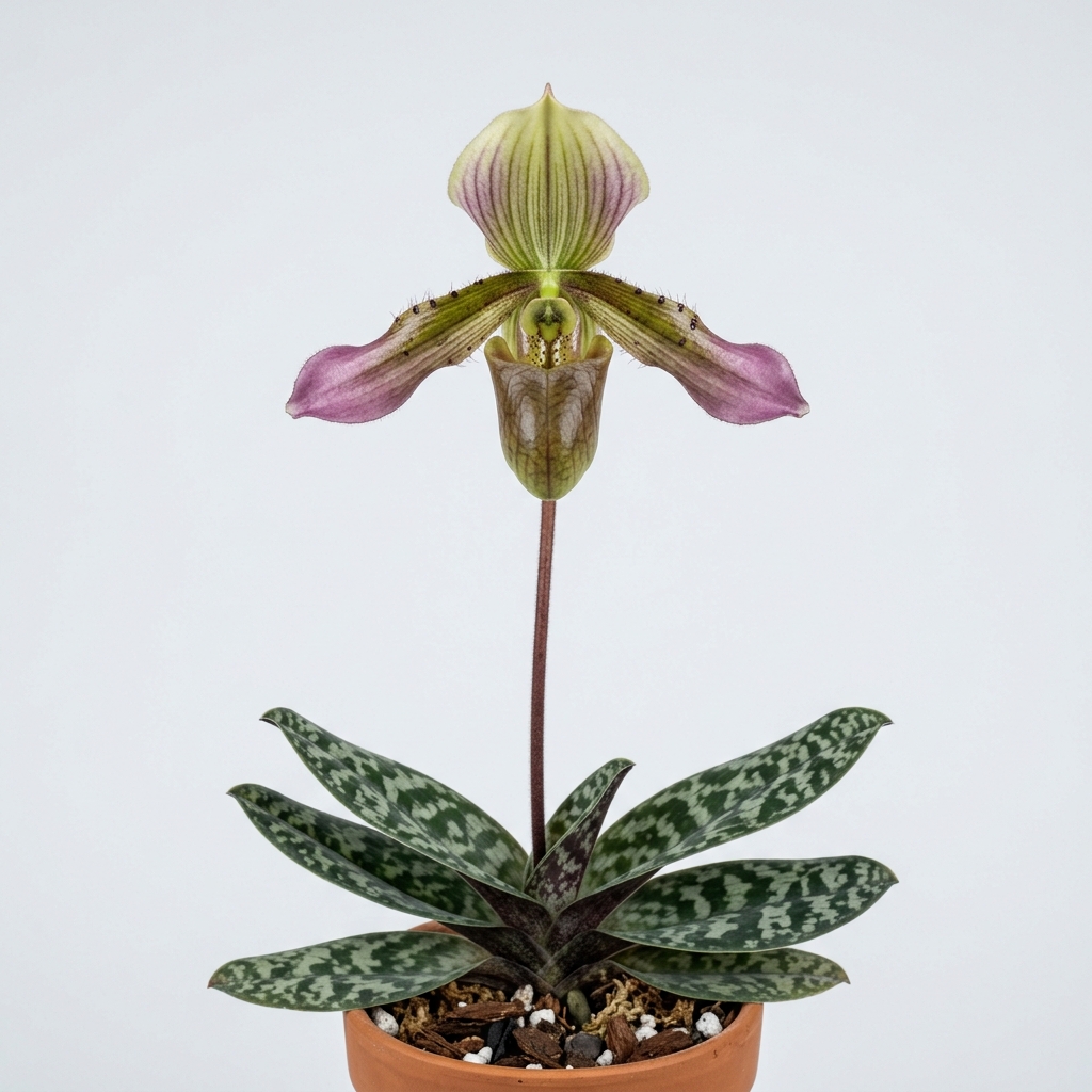 A Paphiopedilum Appletonianum orchid showing its mottled green foliage and a single green and purple pouch-like flower.