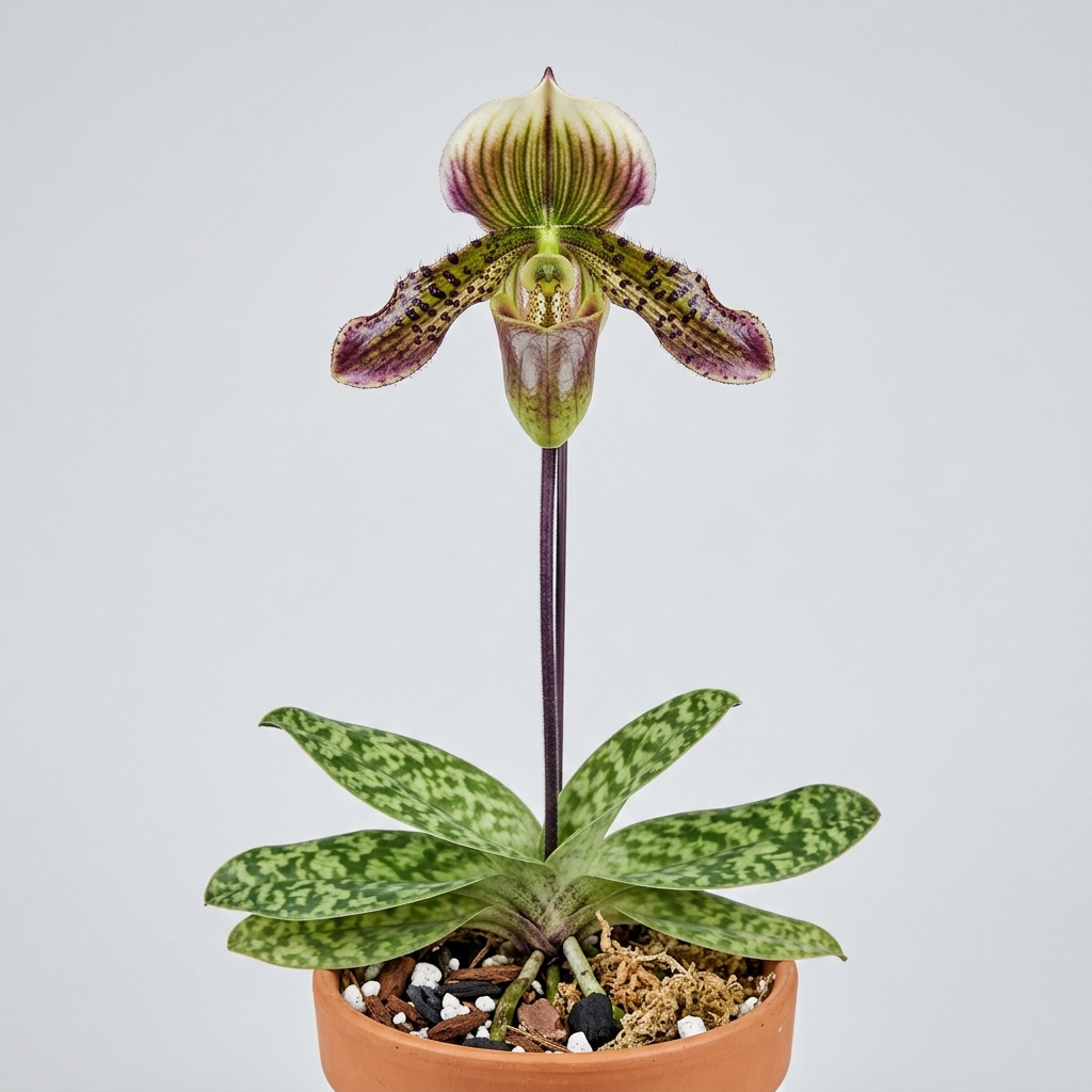 Paphiopedilum Bullenianum orchid showing its pouch-shaped flower and mottled green foliage.