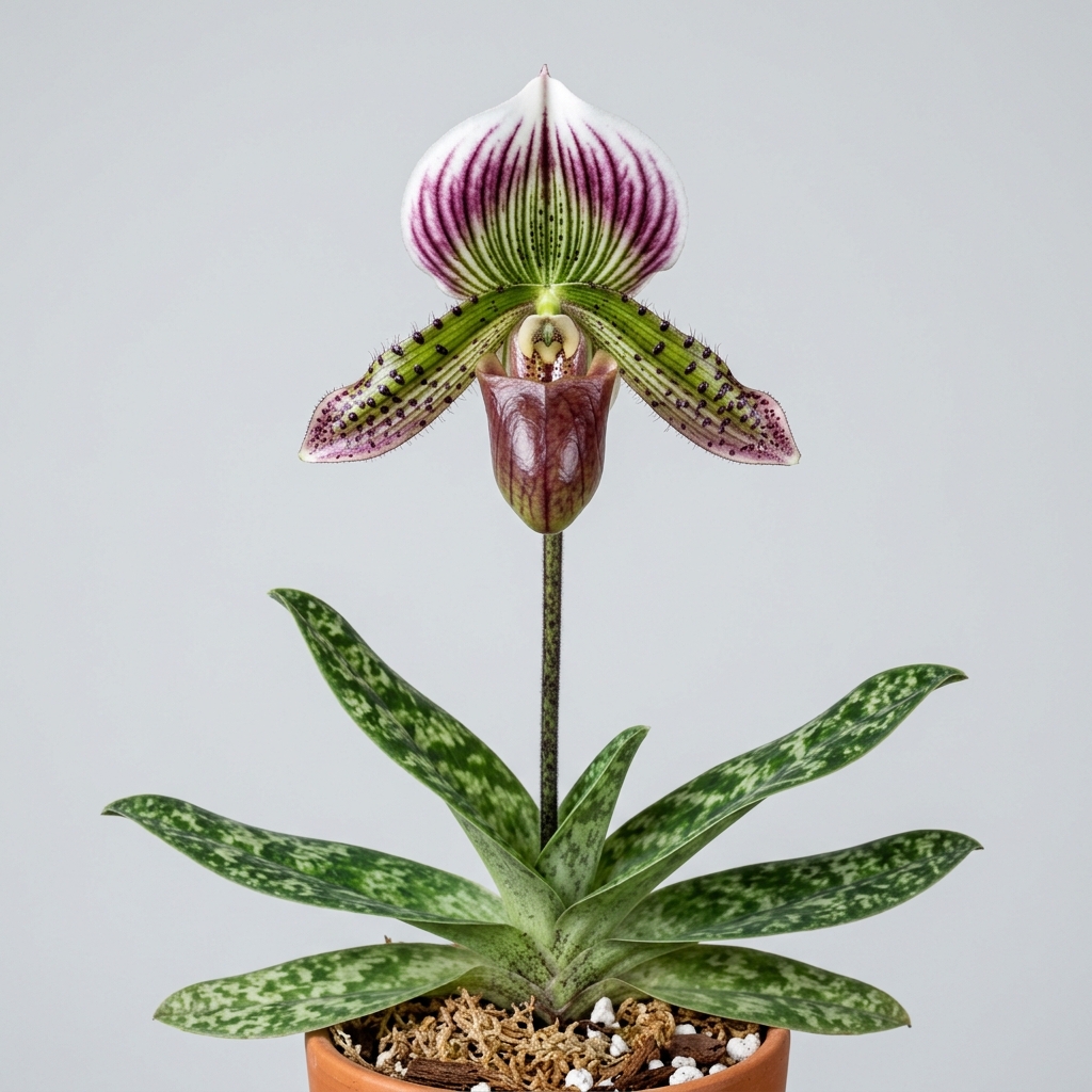 A Paphiopedilum Callosum orchid showing its striped dorsal sepal, reddish-brown pouch, and mottled green foliage.