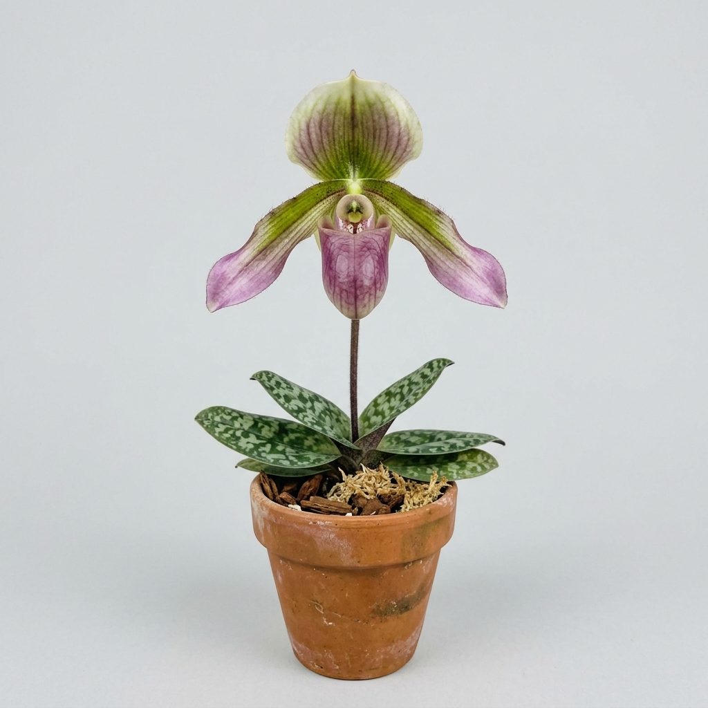 A close-up of a Paphiopedilum Canhii orchid flower sitting close to its mottled dark green and silvery-gray leaves.