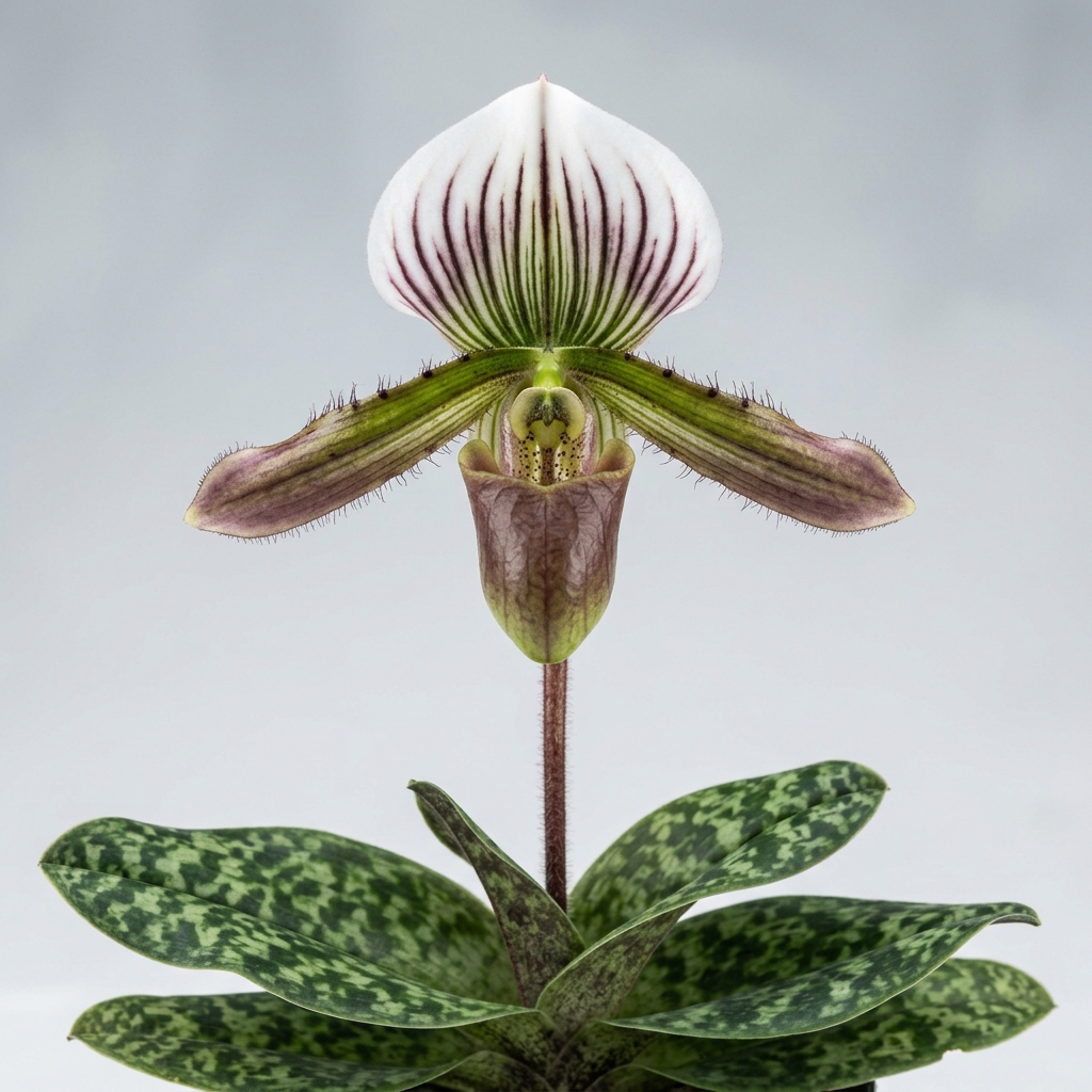 A Paphiopedilum Dayanum orchid flower showcasing its helmet-shaped pouch, fringed petals, and mottled green foliage.