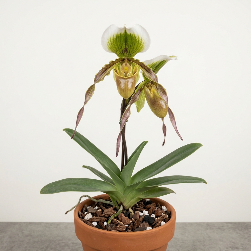 Paphiopedilum Dianthum orchid showing its long, twisting lateral petals and solid green leaves.