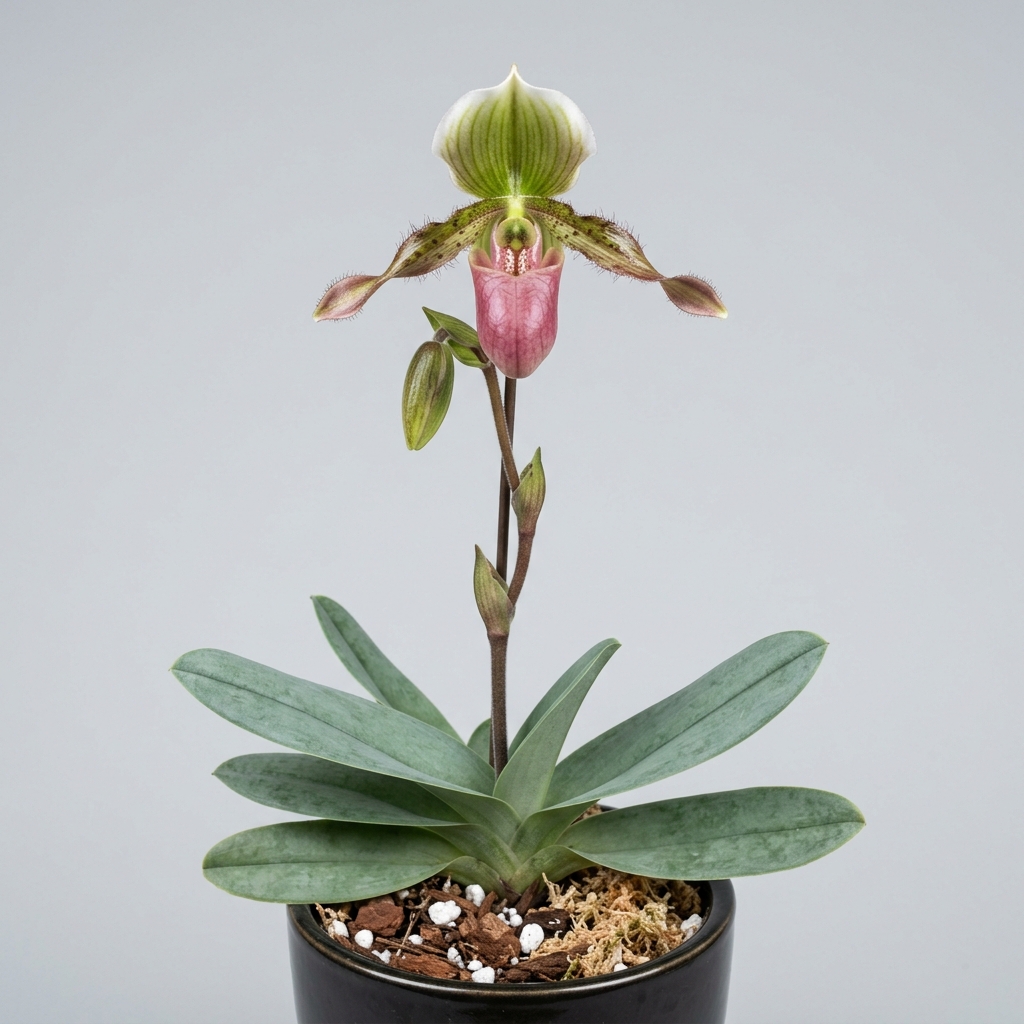 Paphiopedilum Glaucophyllum orchid showing its rose-pink pouch, twisted lateral petals, and glaucous blue-green foliage.