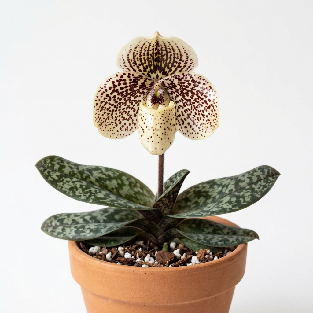 A close-up of a blooming Paphiopedilum Godefroyae slipper orchid with creamy-white petals and dark burgundy spots against a light gray background.