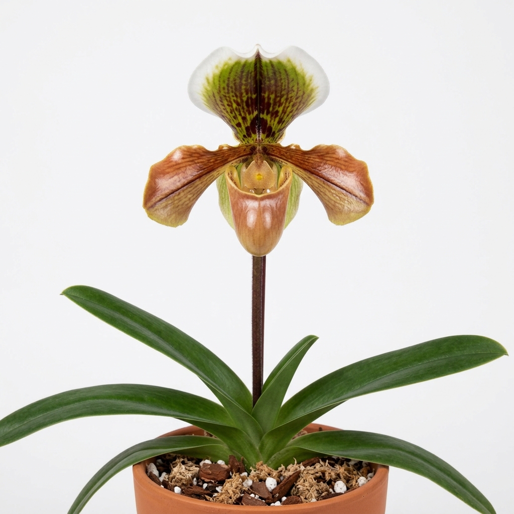 A glossy Paphiopedilum Gratrixianum orchid bloom with a spotted dorsal sepal and copper-brown pouch.
