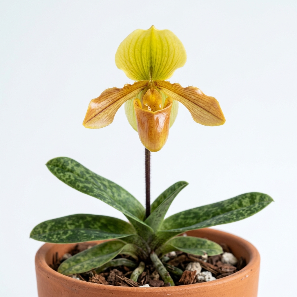 Miniature Paphiopedilum Helenae orchid showing its bright yellow dorsal sepal and glossy amber-toned pouch.