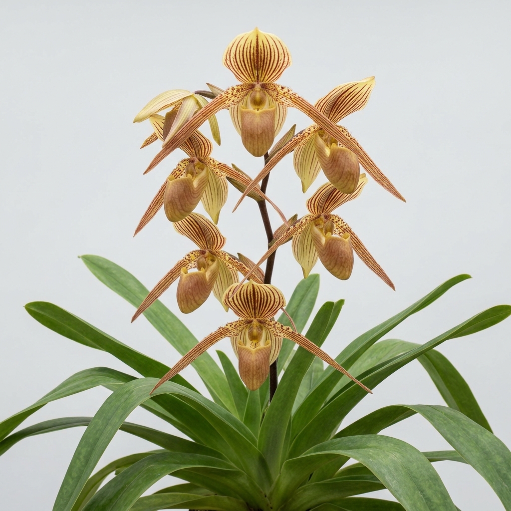 Paphiopedilum Kolopakingii orchid with striped cream-yellow flowers and a slipper-shaped pouch.