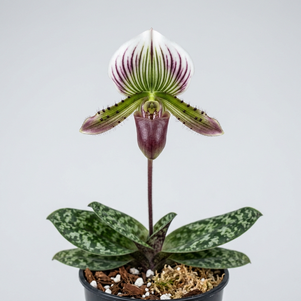 Paphiopedilum Lawrenceanum orchid flower with a striped dorsal sepal and mottled green leaves.