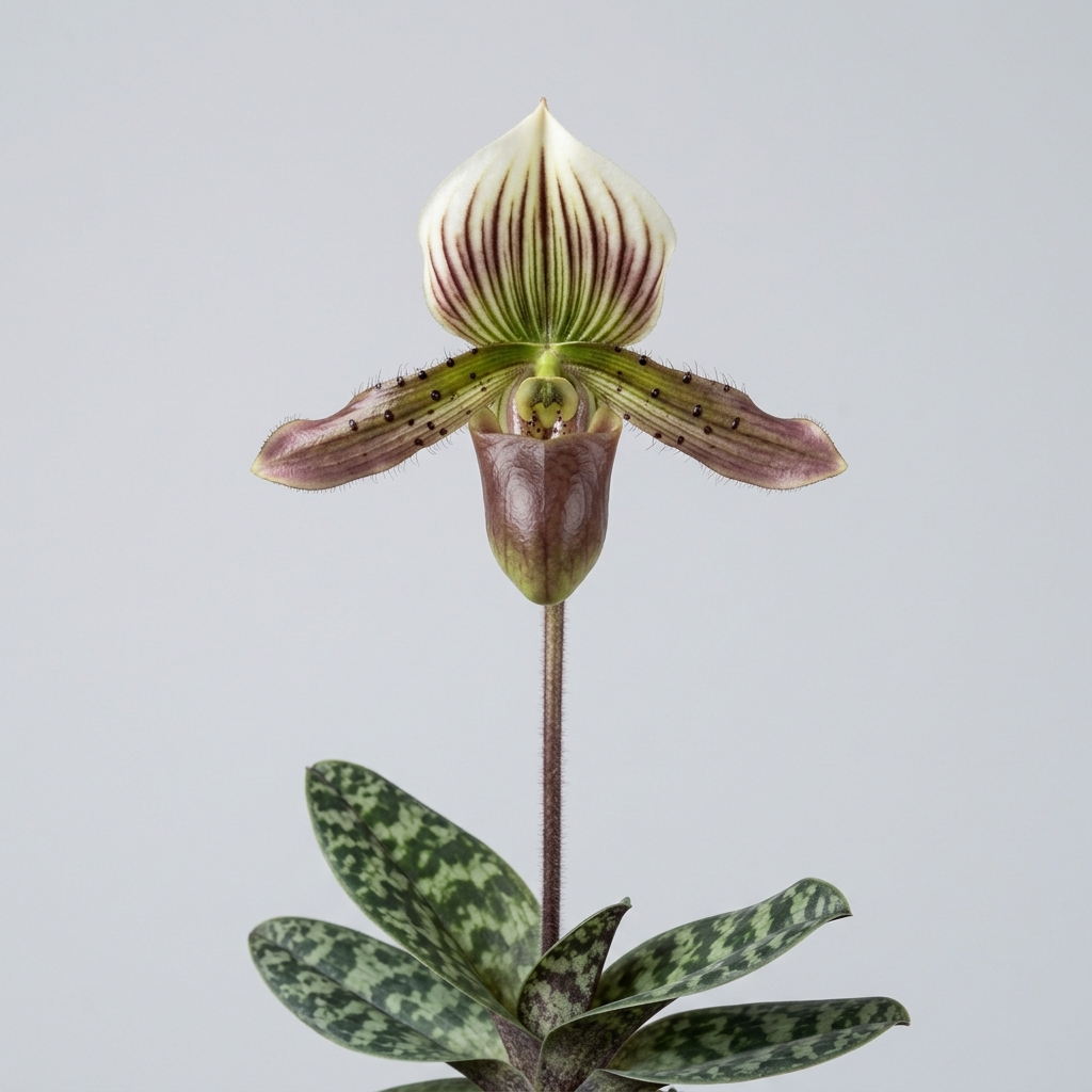 Paphiopedilum Papuanum orchid showing its mottled foliage and distinctive pouch-shaped flower.