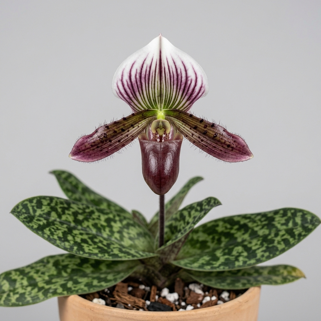 Paphiopedilum Purpuratum orchid with mottled green leaves and a purple pouch-shaped flower.