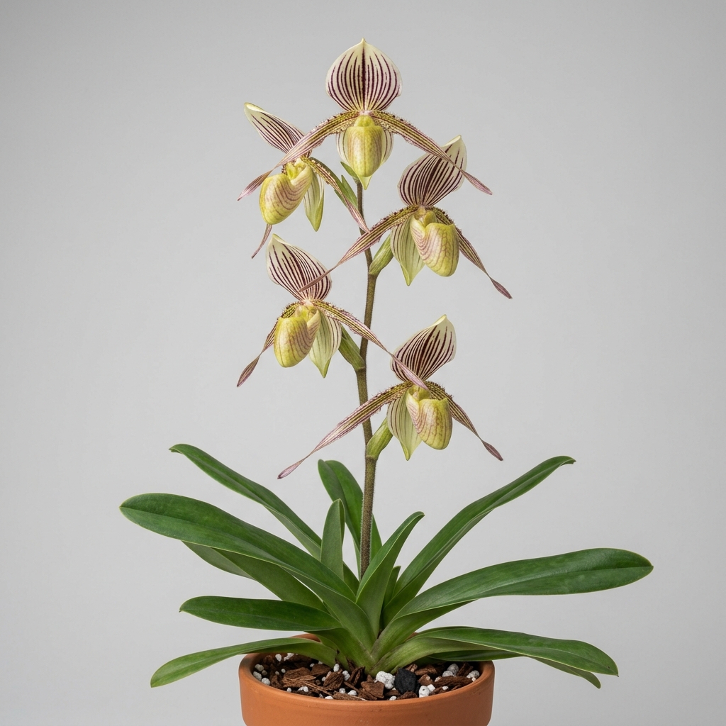 A close-up studio photograph of a blooming Paphiopedilum Randsii slipper orchid with striped cream and purple flowers against a light gray background.