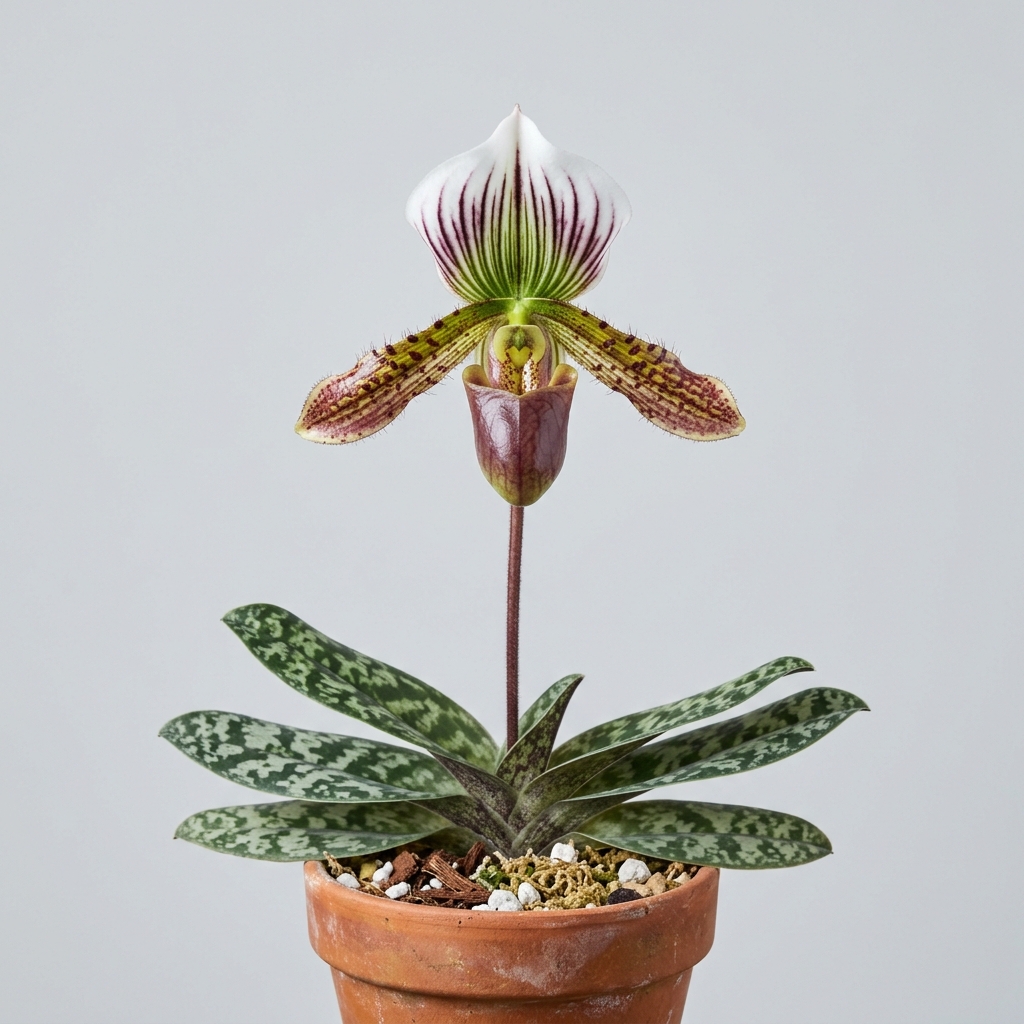 A miniature Paphiopedilum Rungsuriyanum orchid with mottled green leaves and a large purplish-brown flower.