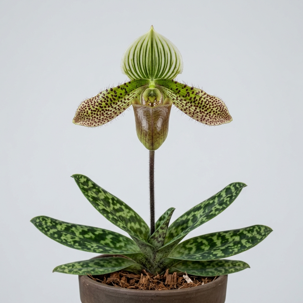 Paphiopedilum Sukhakulii slipper orchid flower with spotted petals and mottled leaves