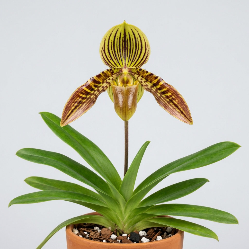 Paphiopedilum Tigrinum orchid flower showing its tiger-striped petals and helmet-shaped pouch.