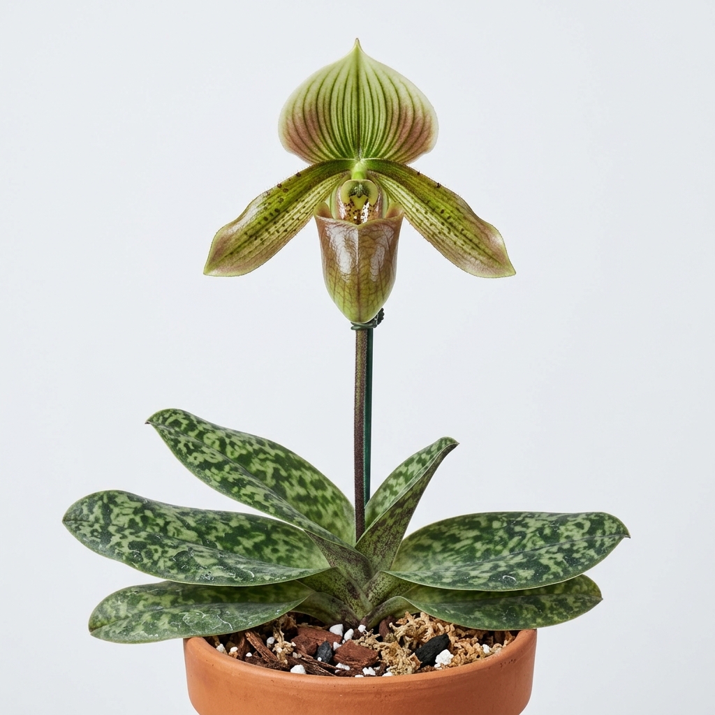 Paphiopedilum Tonsum orchid showing its mottled green leaves and a single bronze-green slipper flower.