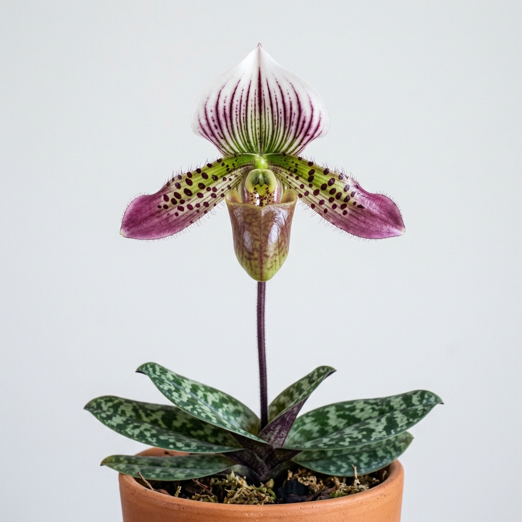 Paphiopedilum Urbanianum orchid flower with mottled leaves