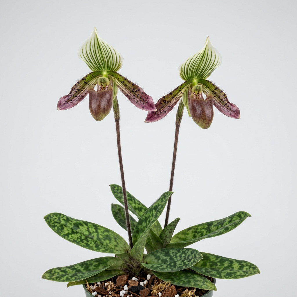 Paphiopedilum Wardii orchid showing mottled green leaves and a dark mahogany pouch flower.
