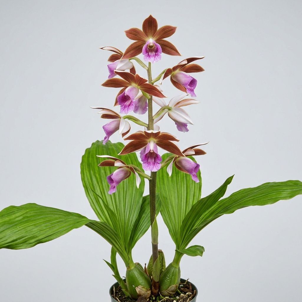A Phaius Tankervilleae orchid showing its large pleated leaves and tall spike of hooded reddish-brown and white flowers.