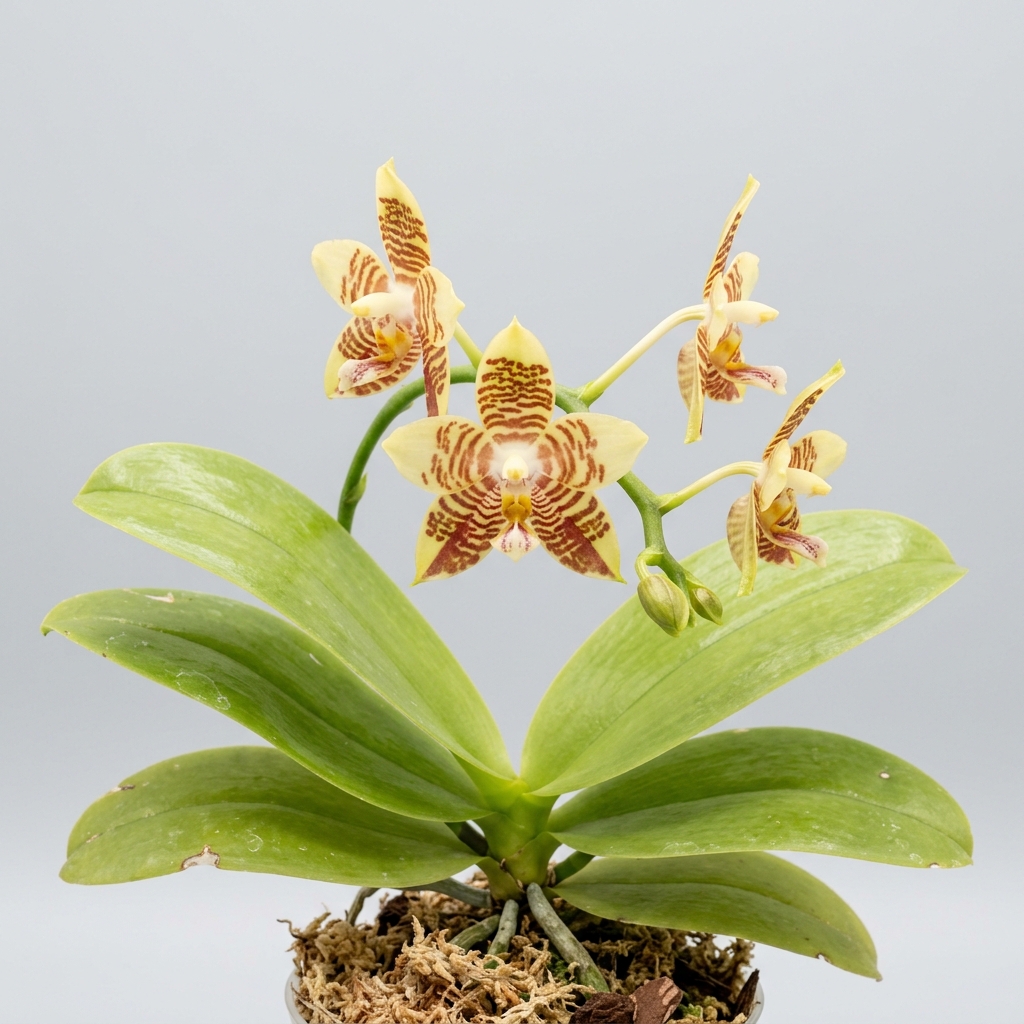 Waxy star-shaped flower of a Phalaenopsis Amboinensis orchid showing concentric reddish-brown banding.