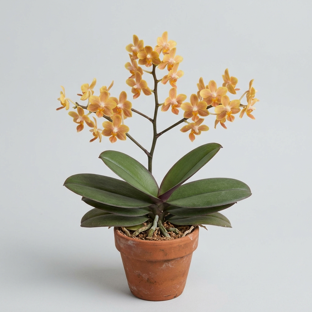 A close-up of the small, yellow and terra-cotta orange flowers on a branching Phalaenopsis Chibae orchid spike.