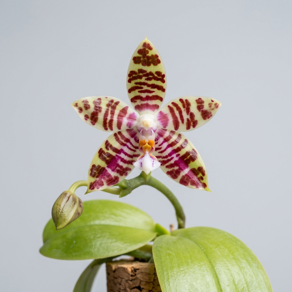 A Phalaenopsis Corningiana orchid with star-shaped, patterned red-brown flowers and glossy green leaves.