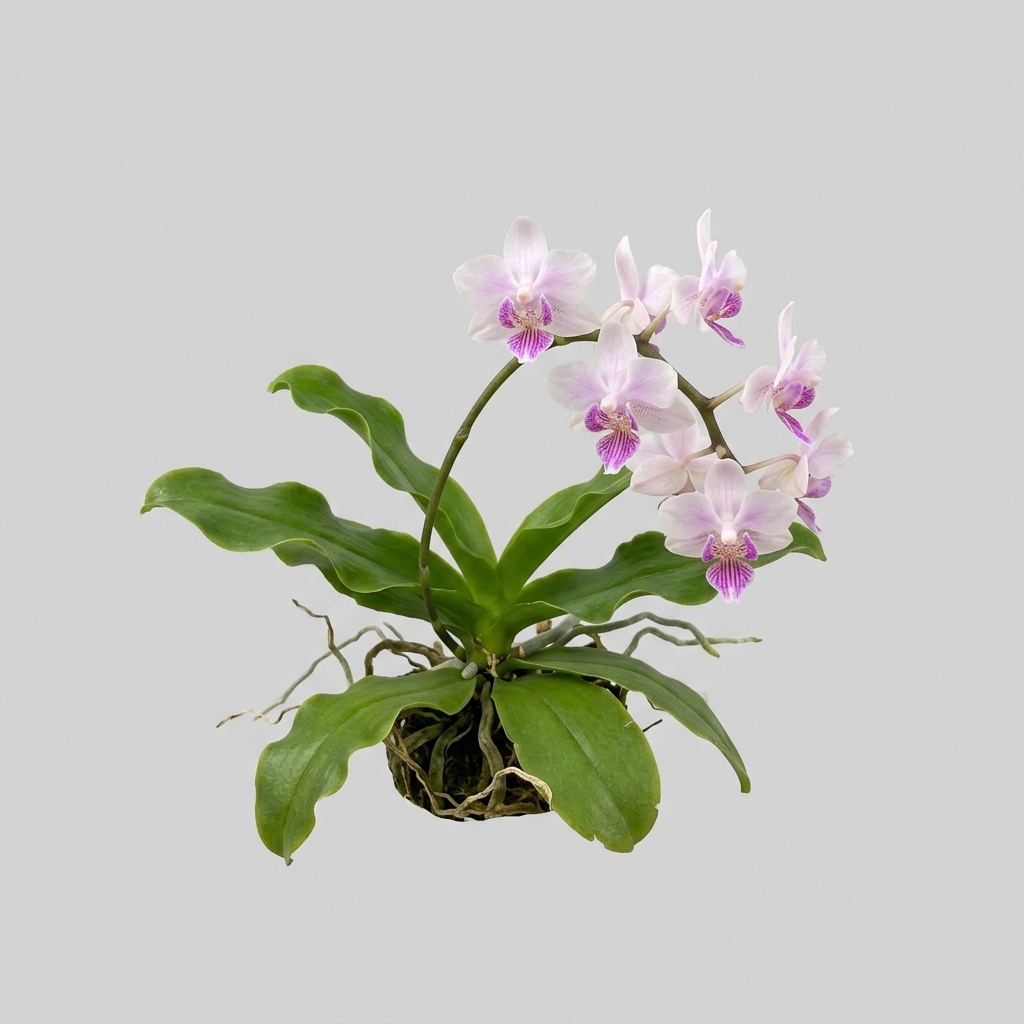 Miniature Phalaenopsis Deliciosa orchid with tiny white and pink flowers featuring a magenta-striped lip.