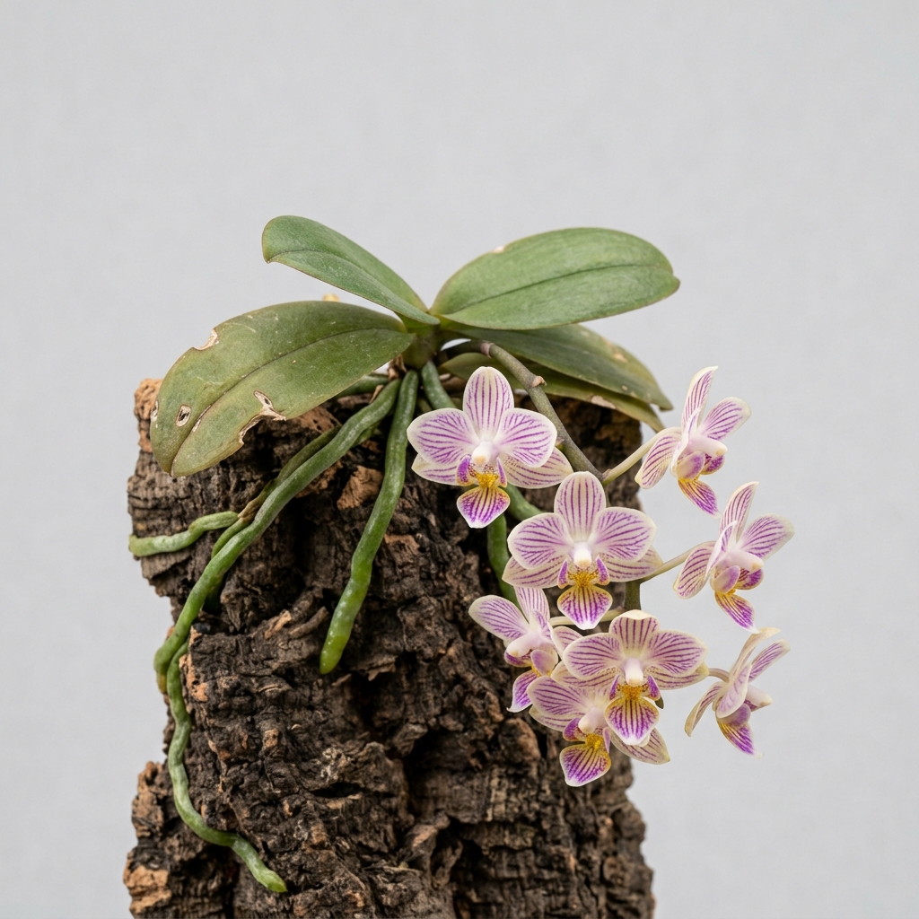 Miniature Phalaenopsis Finleyi orchid with downward-facing white and purple striped flowers mounted on cork bark.