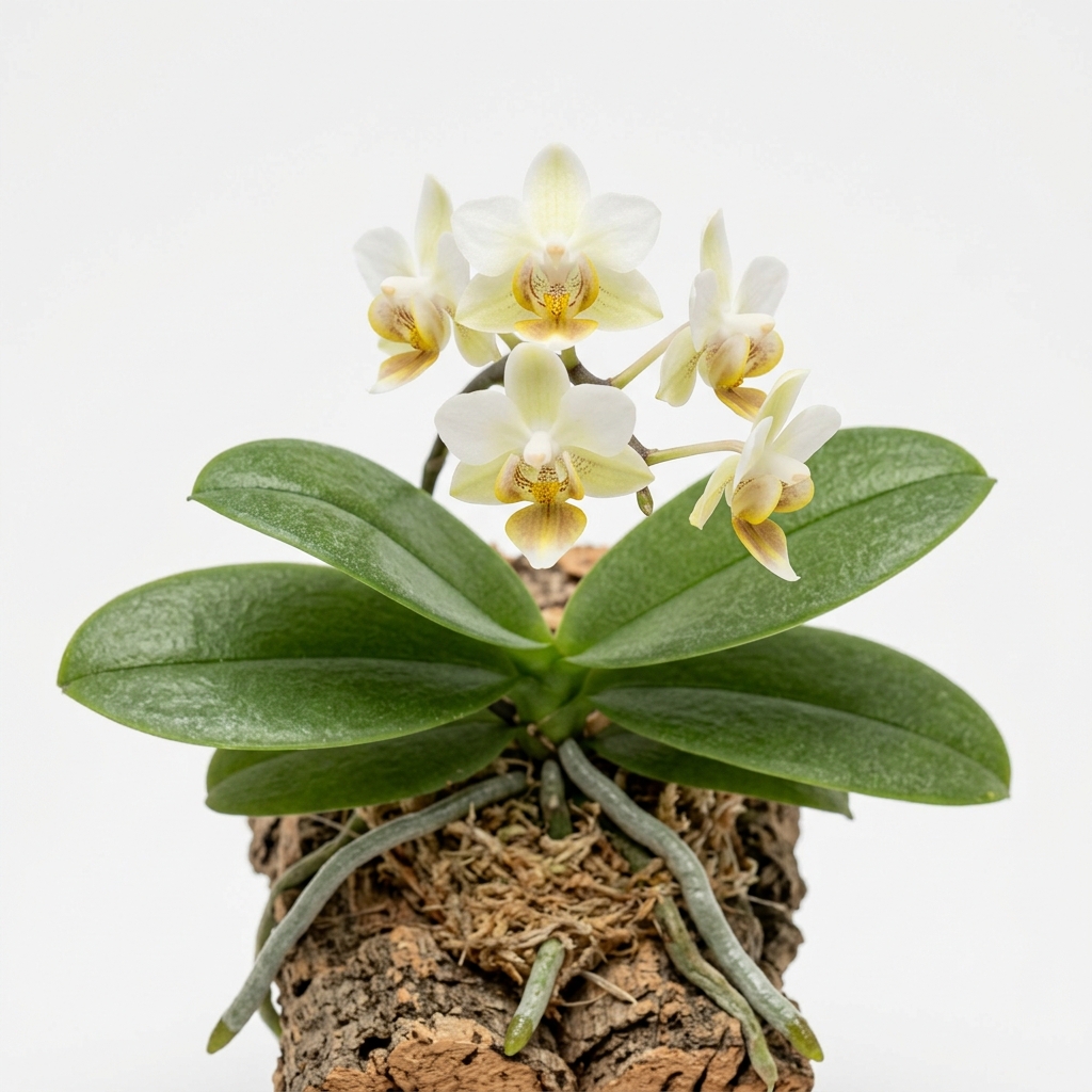 Miniature Phalaenopsis Gibbosa orchid with white flowers and a yellow-marked pouch-like lip