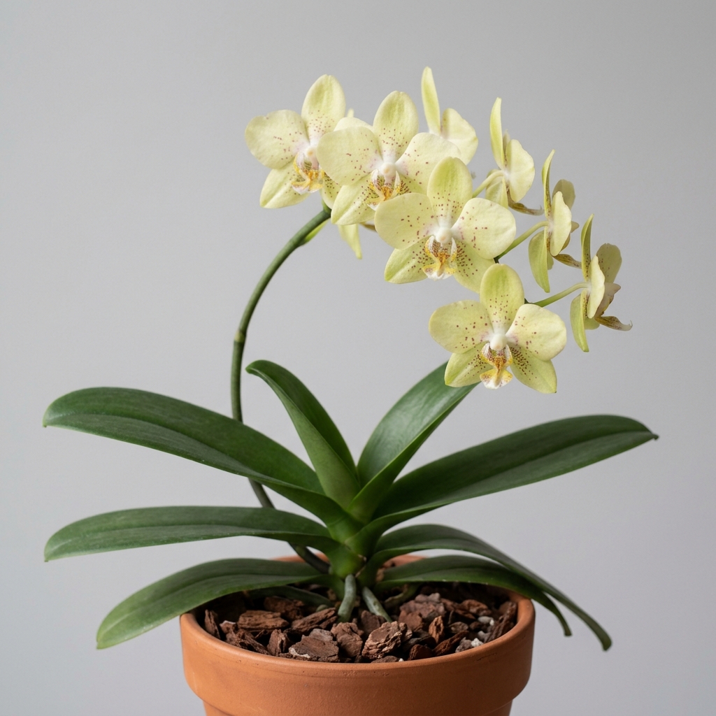 Phalaenopsis Hygrochila orchid showing thick green leaves and arching flower spikes with spotted blossoms.