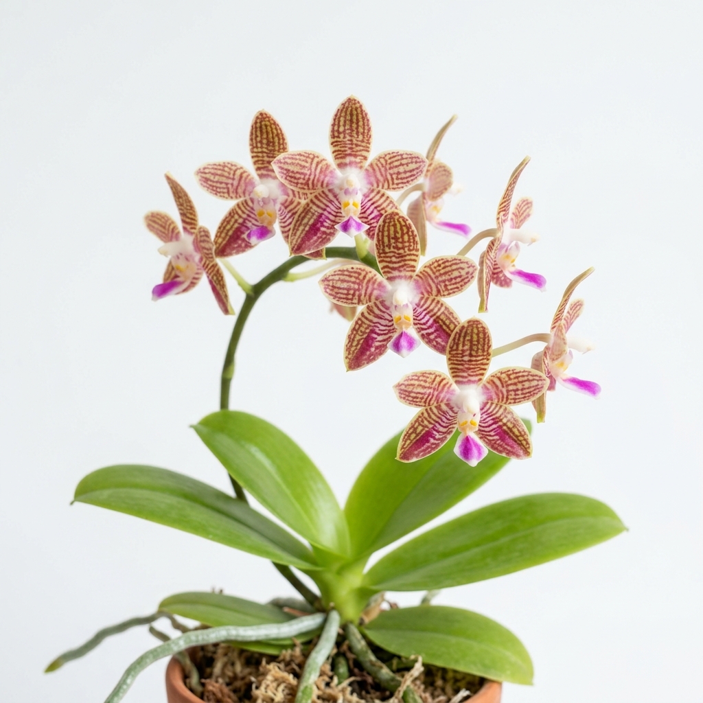 Phalaenopsis Javanica orchid showing star-shaped cream flowers with longitudinal reddish-brown stripes.