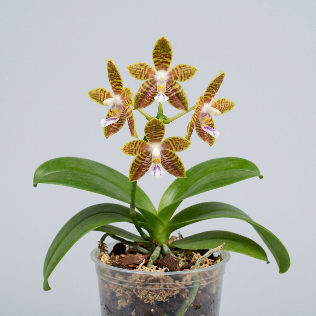 Phalaenopsis Kunstleri orchid flower with yellow and brown striped petals