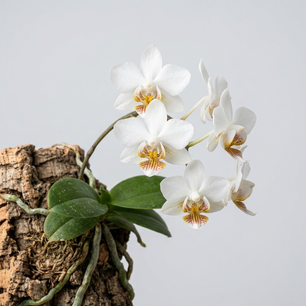 Miniature Phalaenopsis Lobbii orchid with white petals and a detailed yellow and brown banded lip.