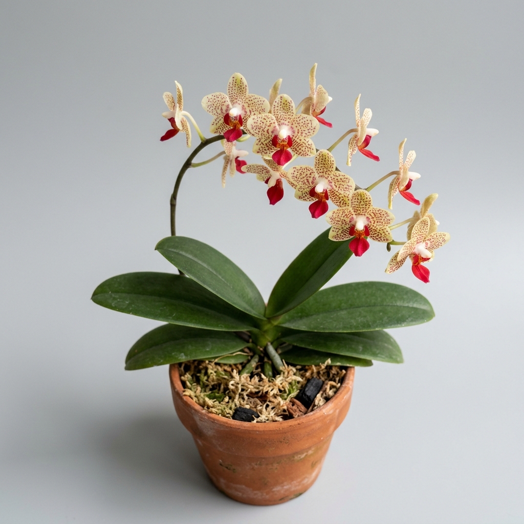 A close-up of a Phalaenopsis Maculata orchid flower showing its reddish-brown spots and vibrant red lip.