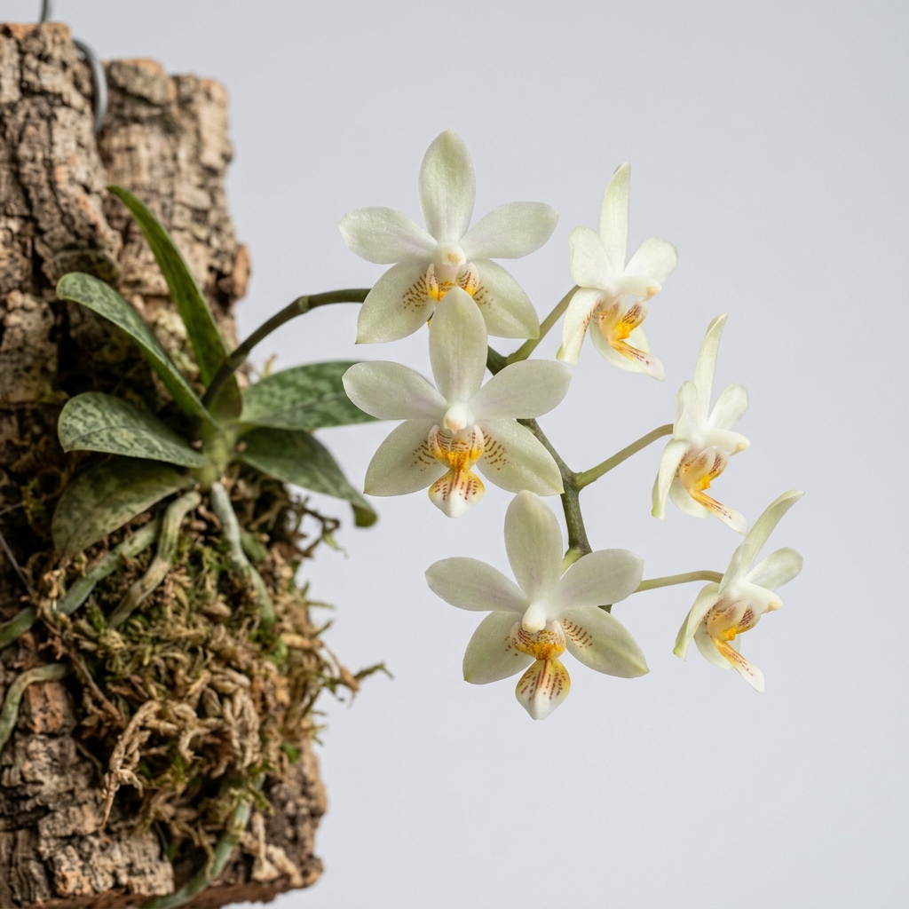 A close-up of the pale greenish-white flower and colorful lip of a Phalaenopsis Malipoensis orchid.