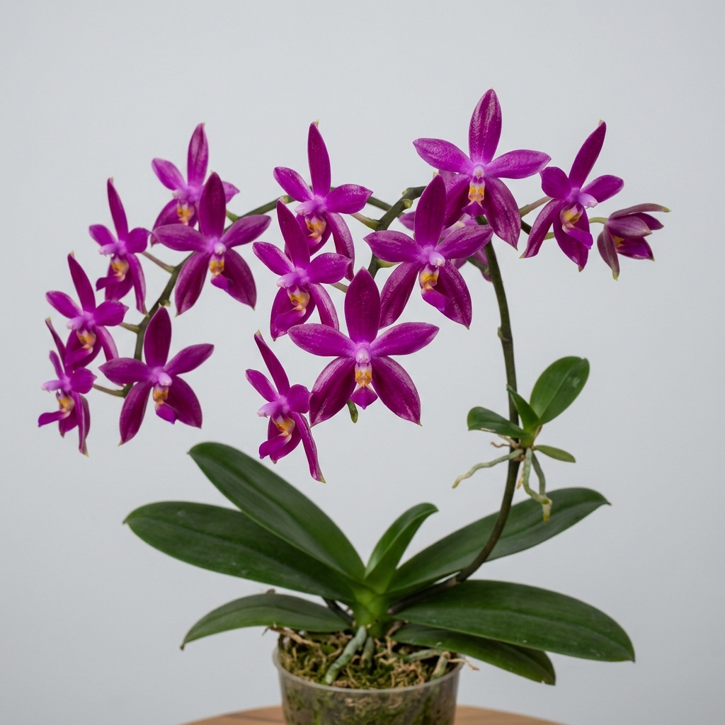 Glossy magenta-purple star-shaped flowers of a Phalaenopsis Pulchra orchid.