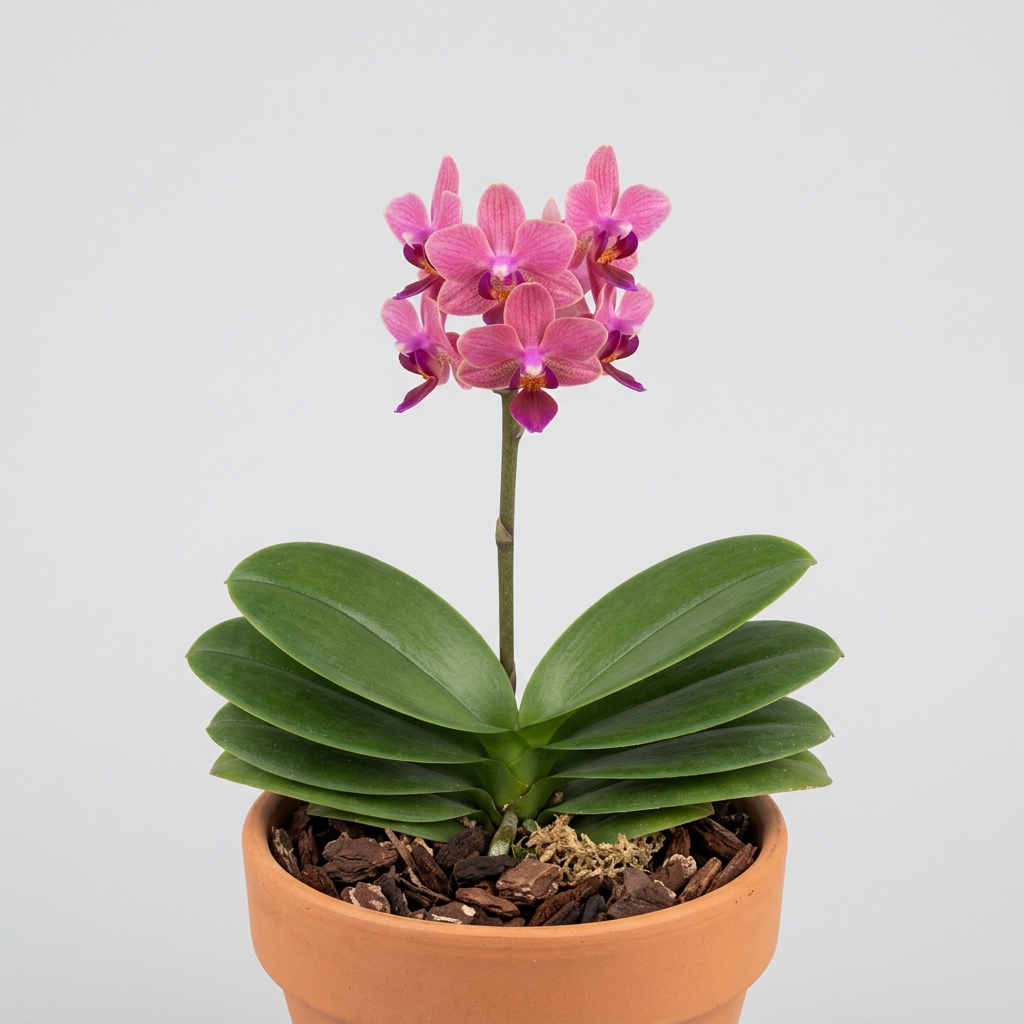 Phalaenopsis Regnieriana orchid with pink and magenta flowers on an upright spike.