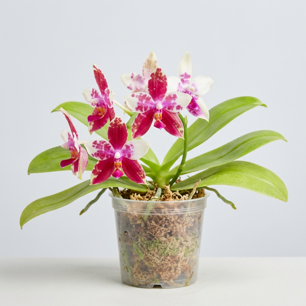 A Phalaenopsis Speciosa orchid showing star-shaped flowers with variable white and magenta-red petals.