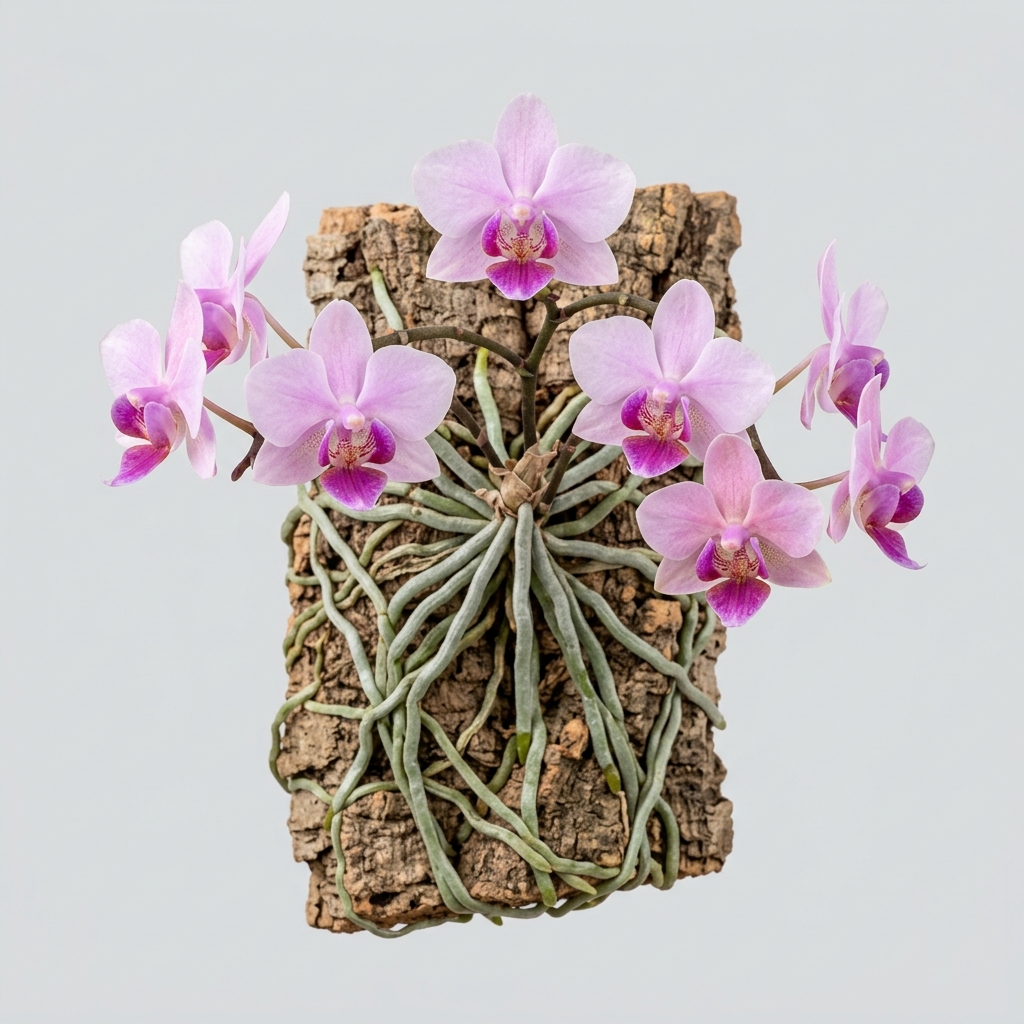 A mounted Phalaenopsis Wilsonii orchid with pale pink and lavender flowers blooming from a leafless root system on cork bark.