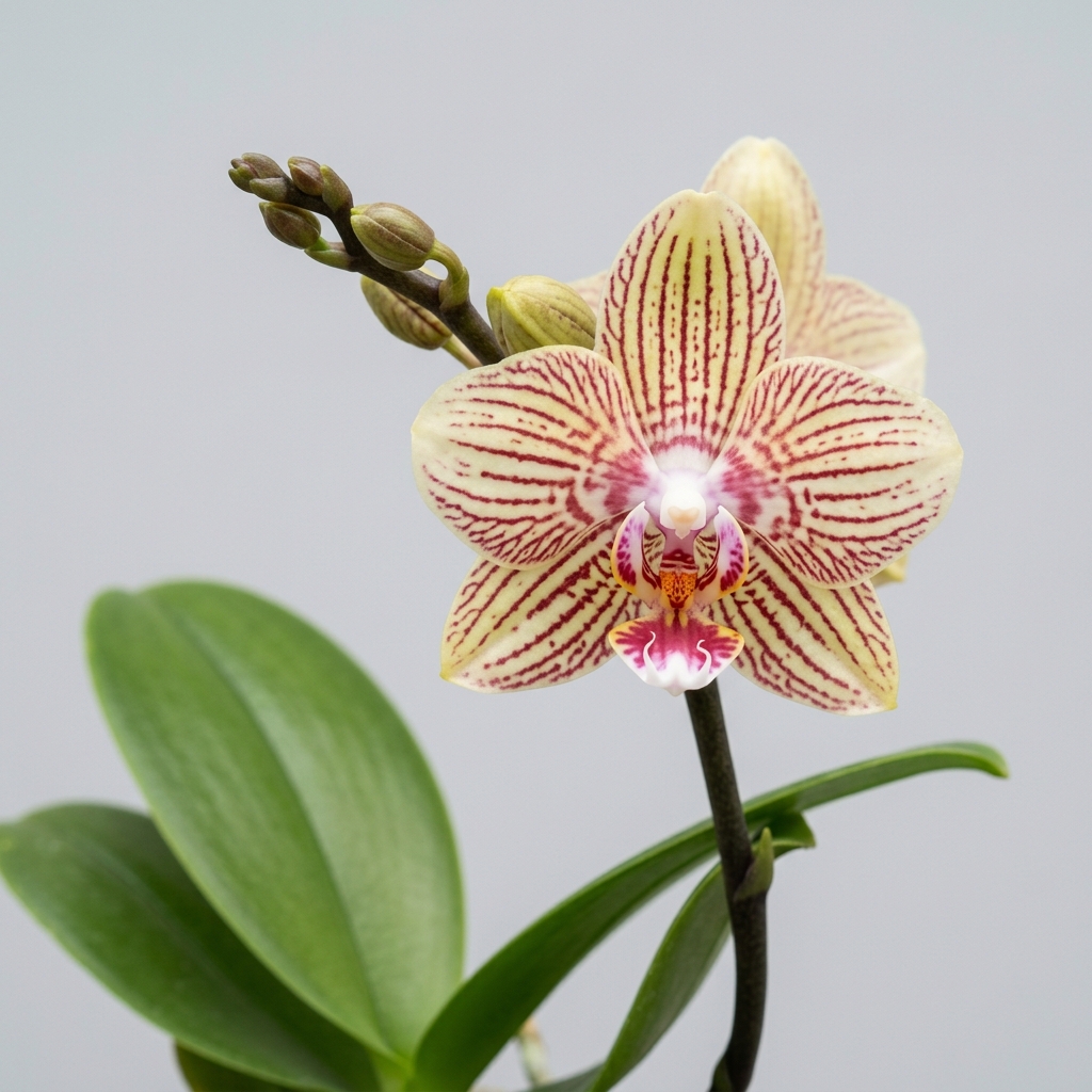 A close-up of a Phalaenopsis Zebrina orchid flower showing its distinct reddish-brown horizontal stripes and white lip.