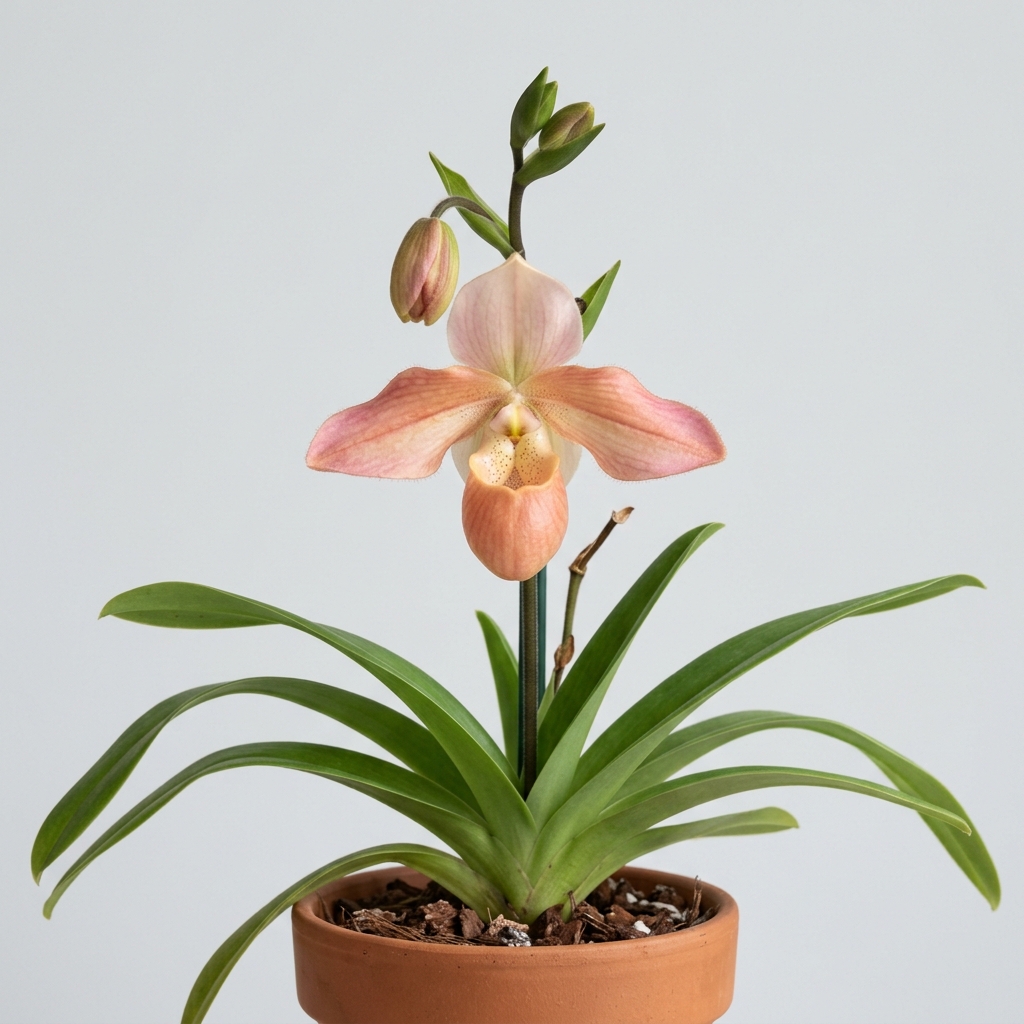 A close-up of the pastel pink and peach flowers of a Phragmipedium Hanne Popow slipper orchid.