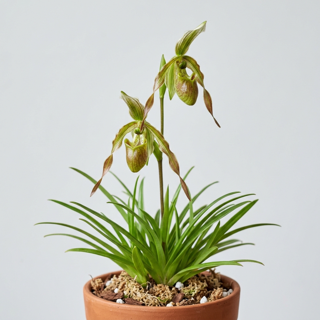 A Phragmipedium Pearcei orchid showing its compact green foliage and sequential pouch-shaped flower with twisting petals.