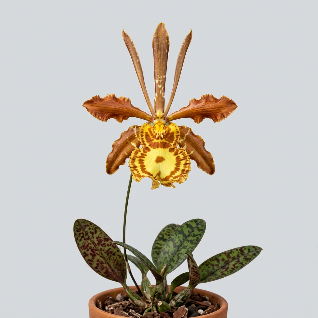 A Psychopsis Papilio orchid flower resembling a yellow and brown butterfly on a tall, slender spike.