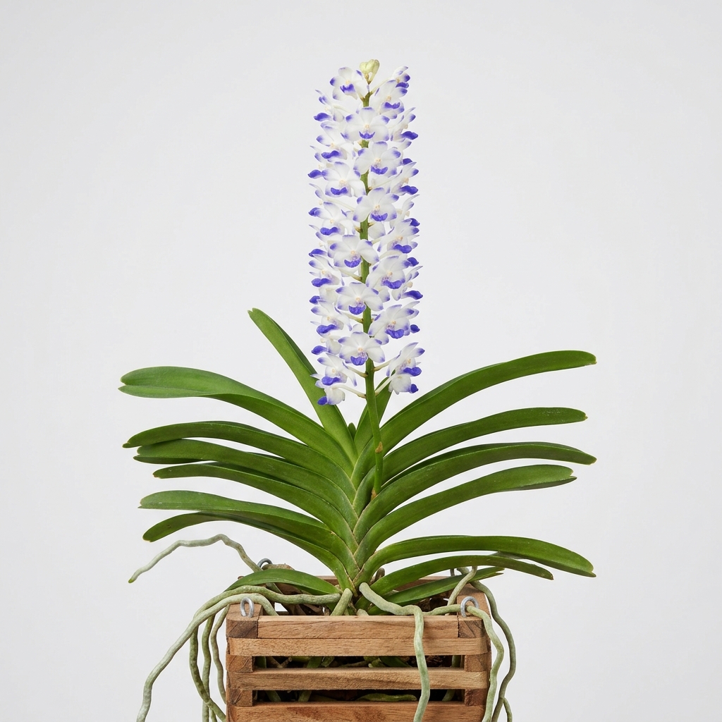 Upright flower spike of Rhynchostylis Coelestis orchid with white and blue-violet blossoms.
