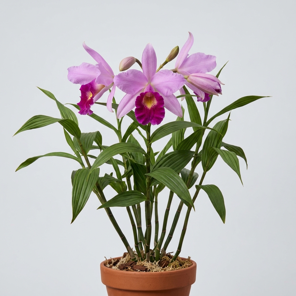 A close-up of a blooming Sobralia Decora orchid flower with lilac petals and a deep magenta lip against a light gray background.