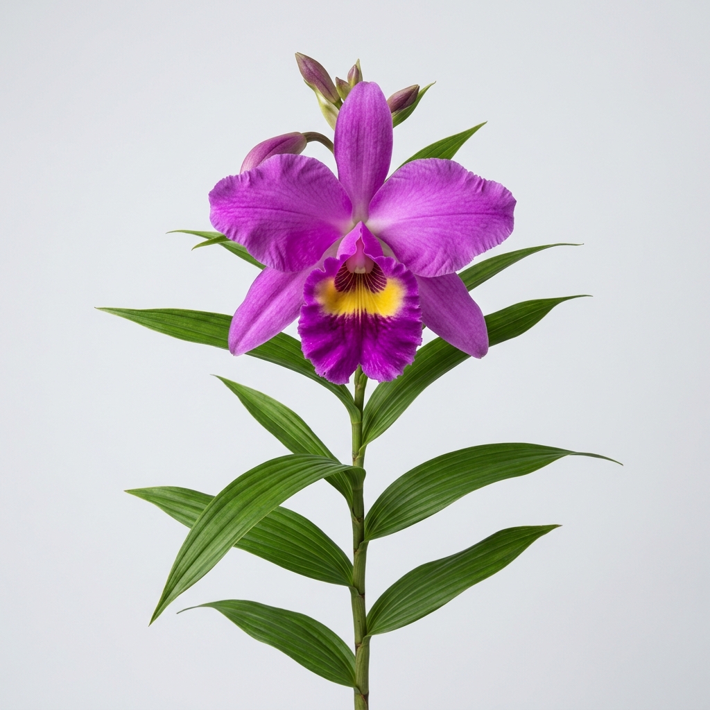 Vibrant magenta-purple Sobralia Macrantha orchid flower with a yellow throat against a light gray background
